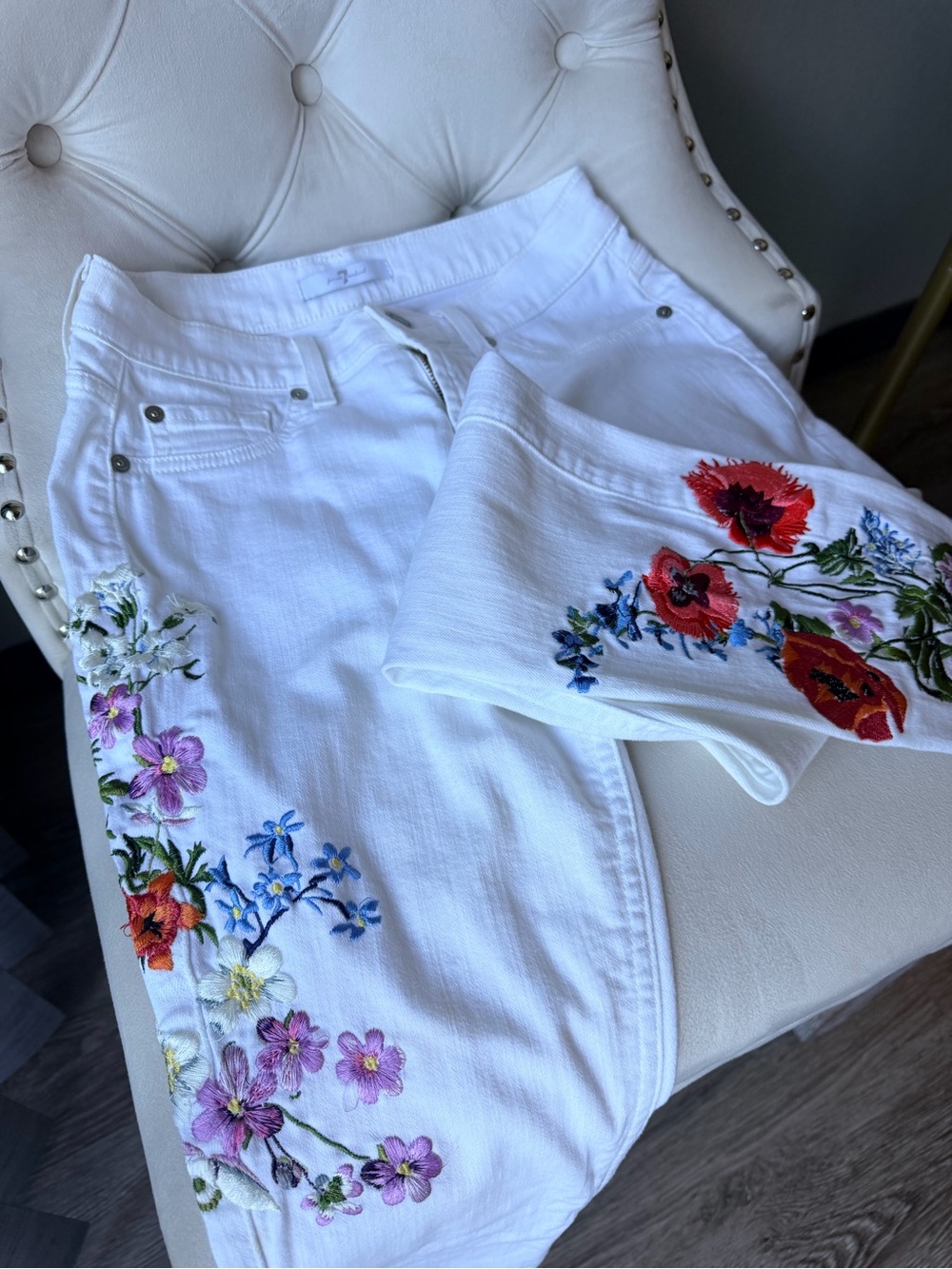 7 For All Mankind White Floral Embroidered Skinny Jeans Women Size 26 - Picture 7 of 8
